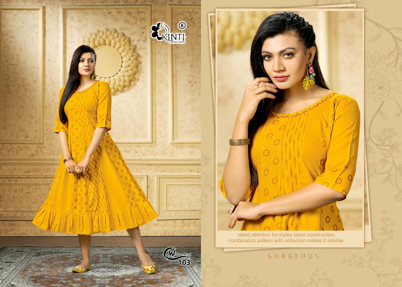 Kinti Waves Rayon Printed Ethnic Wear Designer Latest Anarkali Kurti Collection